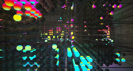 Abstract architectural concrete smooth interior from an array of spheres with color gradient neon lighting. 3D illustration and rendering.
