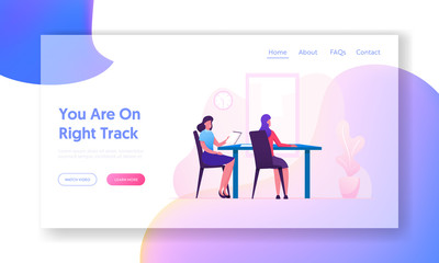 Businesspeople Communication Website Landing Page. Female Business Characters Sitting at Table Conducting Negotiation in Meeting Room or Boss Office. Web Page Banner. Cartoon Flat Vector Illustration