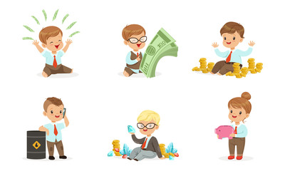 Toddlers play with bills and coins. Set of vector illustrations.