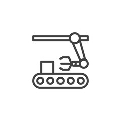 Packing conveyor belt line icon. linear style sign for mobile concept and web design. Manufacture production robotic hand outline vector icon. Symbol, logo illustration. Vector graphics
