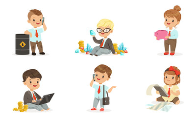 Children businessmen with a bunch of money. Set of vector illustrations.