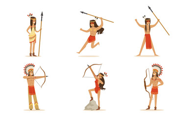 Fototapeta na wymiar Cartoon Indians with bows and spears. Set of vector illustrations.