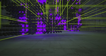 Abstract architectural concrete smooth interior from an array of spheres with color gradient neon lighting. 3D illustration and rendering.