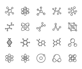 Molecule flat line icons set. Chemistry science, molecular structure, chemical laboratory dna cell protein vector illustrations. Outline signs scientific research. Pixel perfect 64x64 Editable Stroke