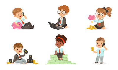 Children in the role of businessmen with money, barrels of oil and piggy banks. Set of vector illustrations.