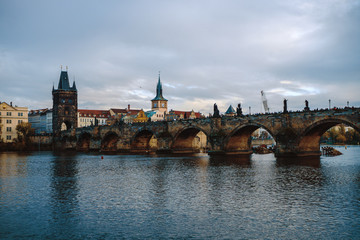Fototapeta na wymiar PRAGUE,CZECH REPUBLIC/ 01 November 2019: View on the Charles bridge in Prague. Popular tourist attraction