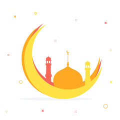 Golden crescent moon with mosque on stars decorated background.