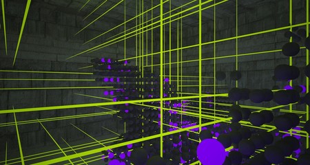Abstract architectural concrete smooth interior from an array of spheres with color gradient neon lighting. 3D illustration and rendering.