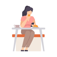 Woman eats a bun and looks into a smartphone. Vector illustration.