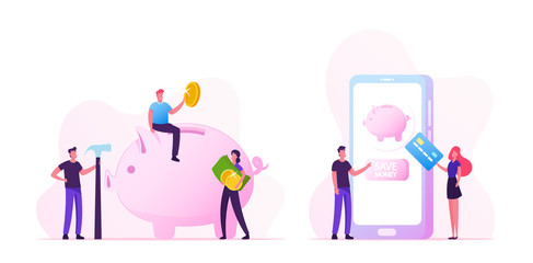 Cash and Money Savings Concept. Business People with Credit Card Stand at Huge Smartphone Make Deposit Transaction Tiny Men and Women Characters Put Coin in Piggy Bank Cartoon Flat Vector Illustration