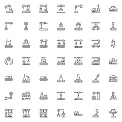 Robotic arm line icons set. Manufacturing automation technology linear style symbols collection, outline signs pack. vector graphics. Set includes icons as automation robot arm, Packing conveyor belt