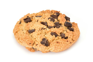 Homemade cookies. Sweet cookie with chocolate chips. Tasty biscuit in high resolution close-up, isolated on white background with small shadows. Homemade bakery.