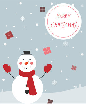 Weihnachtskarte - Merry Christmas, Süßer Schneemann mit Schal und Handschuhen