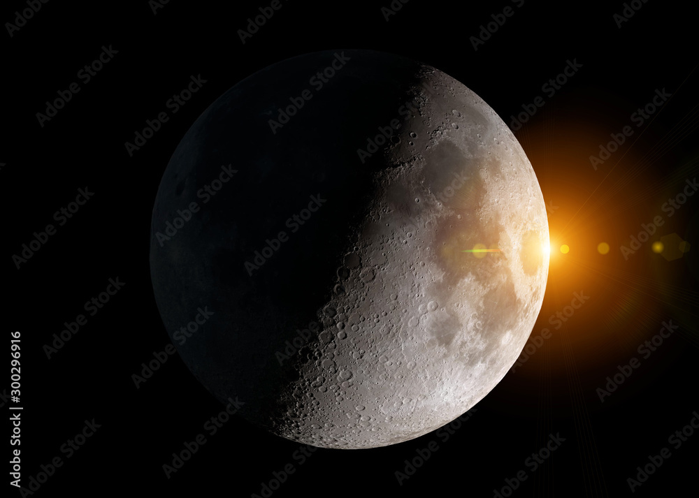 Poster view of an half moon in space with stars 3d rendering elements of this image furnished by nasa