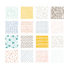 Set of abstract colored squares. Hand drawn backgrounds. Design elements. Simple scratchy textures. Doodle drawings. Modern ethnic ornaments. Pattern