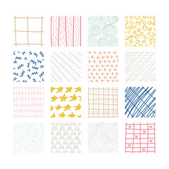 Set of abstract colored squares. Hand drawn backgrounds. Doodle drawings. Simple scratchy textures. Design elements. Modern ethnic ornaments. Pattern