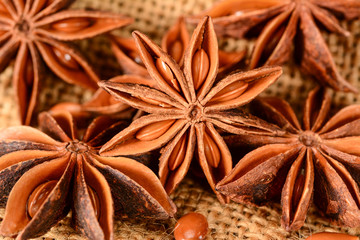 Star anise. Some star anise fruits with seed. Macro close-up on the jute burlap surface in rustic style.