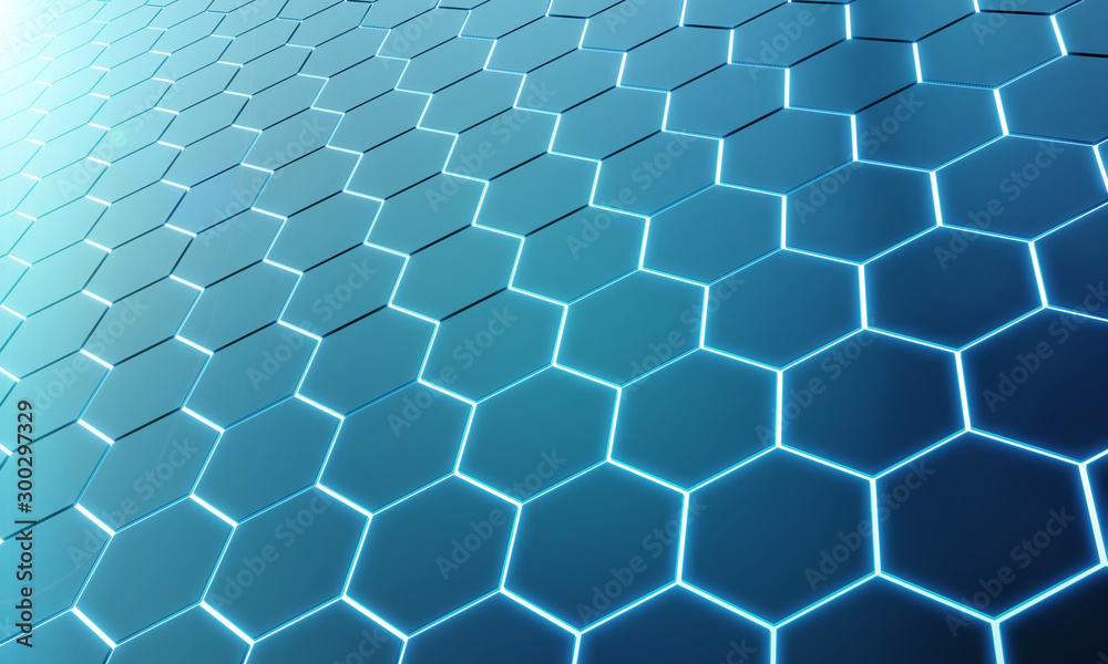 Poster glowing black and blue hexagons background pattern on silver metal surface 3d rendering
