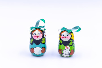 Set of wooden Christmas decorations for Christmas tree. Traditional Russian painting. Isolated. White background.