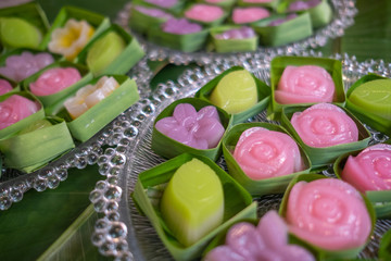 Thai Layer Jelly Cake , Prepared in a banana leaf To prepare to serve