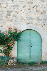 une vieille porte en bois bleu vert et un rosier grimpant