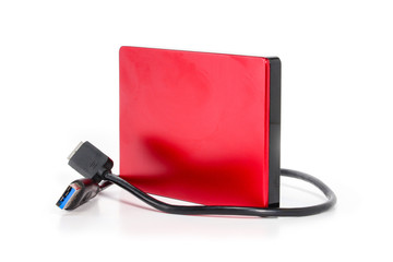 External hard drive disc with usb 3.0 cable, black. Best way of data storage on portable hdd. Close up side left view isolated on white background.