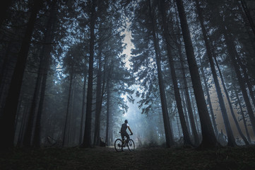 Man biking alone in magical dark foggy wild forest landscape.