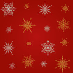 Naklejka na ściany i meble Vector Christmas and New Year seamless pattern of silver and golden snowflakes on a red background. Design for winter wallpaper, textile, wrapping paper.