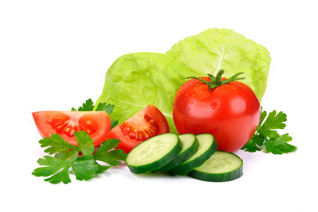 Group of fresh organic vegetables isolated on a white background in close-up (high details)