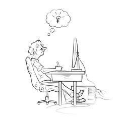 Man works on the computer. Hand drawn sketch vector illustration.