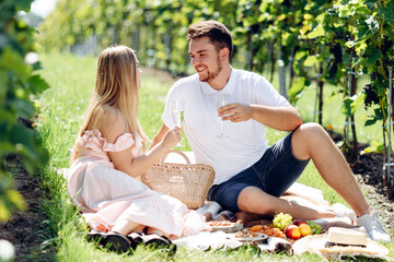 Smiling couple drinking wine at picnic in grape garden