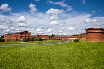 Russia, Saint Petersburg, opposite Peter and Paul Fortress: Panorama view of famous Military Historical Museum of Artillery, Engineers and Signal Corps with near city center of the Russian town.