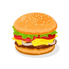 Appetizing big double cheeseburger with beef patties or steak, cheese, tomatoes, pickles, lettuce, sauce, mayo, onions, mustard nested on freshly toasted bun, decorated sesame seeds on top. Fast food.