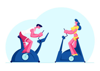 Woman and Man Training in Gym on Exercise Bike