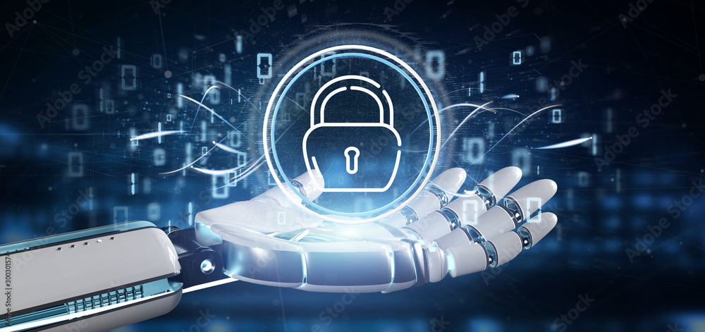 Poster cyborg holding security padlock wheel icon with stats and binary code 3d rendering