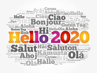 Hello 2020 word cloud in different languages of the world, background concept