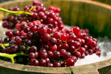 Seedless red grapes soaked in ice in a wooden bucket
