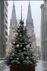 Decorated Christmas tree outdoors against the Gothic cathedral