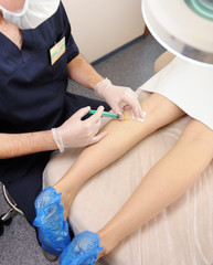 The doctor injects a syringe under the knee. A doctor makes an injection to the varicose veins on a woman s leg, close-up, sclerotherapy, stripping, phlebeurysm, medical.