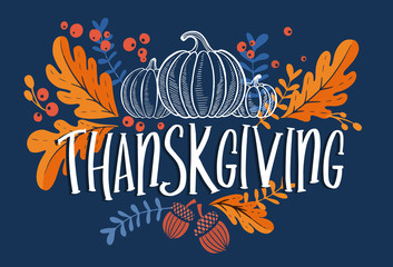 Happy thanksgiving day background with lettering and illustrations. - 300303564