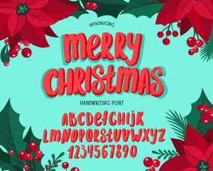 Christmas font. Holiday typography alphabet with festive illustrations and season wishes. - 300303790