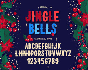 Christmas font. Holiday typography alphabet with festive illustrations and season wishes. - 300303906