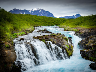 Blue Bruarfoss waterfalls in iceland