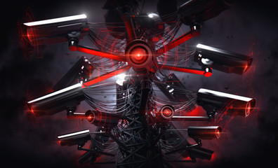 Tower or pylon with many cctv cameras scanning nearby people faces, car plates and so on. Future with constant surveillance and social credit system concept. 3D rendering © Wit