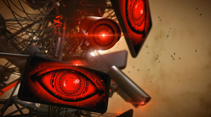 Big brother eyes on huge screens and surveillance cctv video cameras controlled by Artificial Intelligence recording faces and car plates. Copy space. 3D rendering