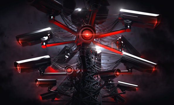 Tower or pylon with many cctv cameras attached to it, scanning nearby surroundings. Future with constant surveillance and social credit system concept. 3D rendering
