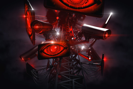 Big Brother's eyes are watching from the tower with many cctv cameras. Constant surveillance and data gathering by Artificial Intelligence. Social credit system concept. 3D rendering