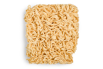 Top view of dried instant noodles placed on a white background with clipping path.