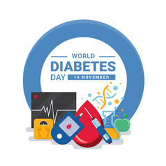 world diabetes day banner with drop Blood , DNA sign ,Glucose testing , heart wave apple and Scales in blue circle ring vector design
