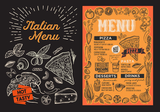 Pizza menu food template for restaurant with doodle hand-drawn graphic.